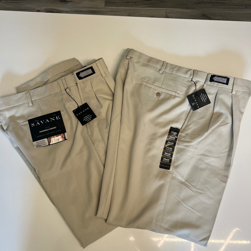 2 Pack Savane Men's 34x30 Pleated Dress Pants‎ Comfort Plus Expandable Waist NWT